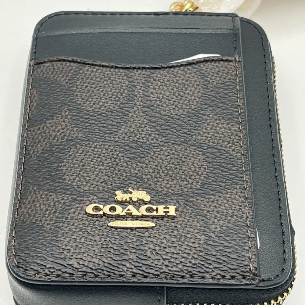 NWT Coach CW883 Zip Card Case In Signature Canvas In Walnut black
